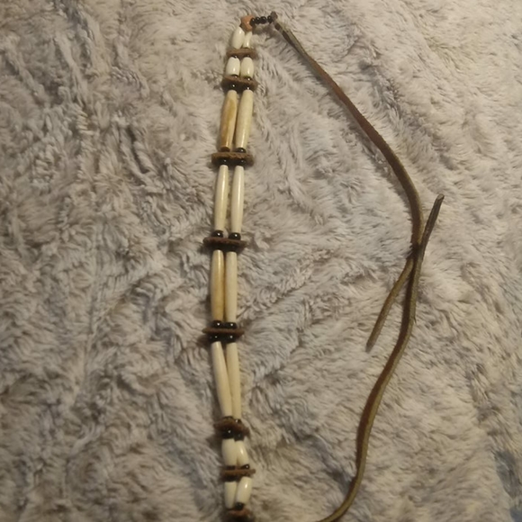 Bone / Black beaded Leather Strap Necklace - Picture 2 of 16